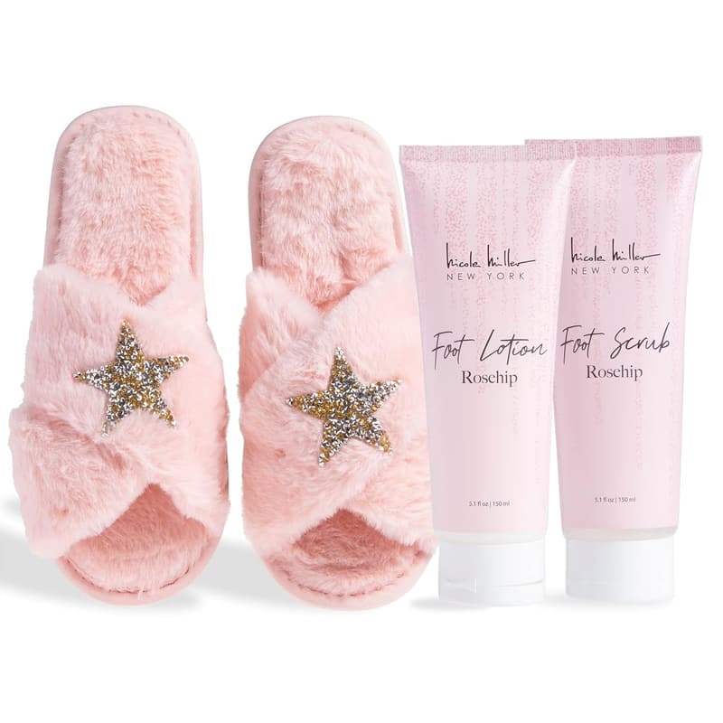 Foot Spa Gift Set with Fuzzy Slippers and Rosehip Lotion