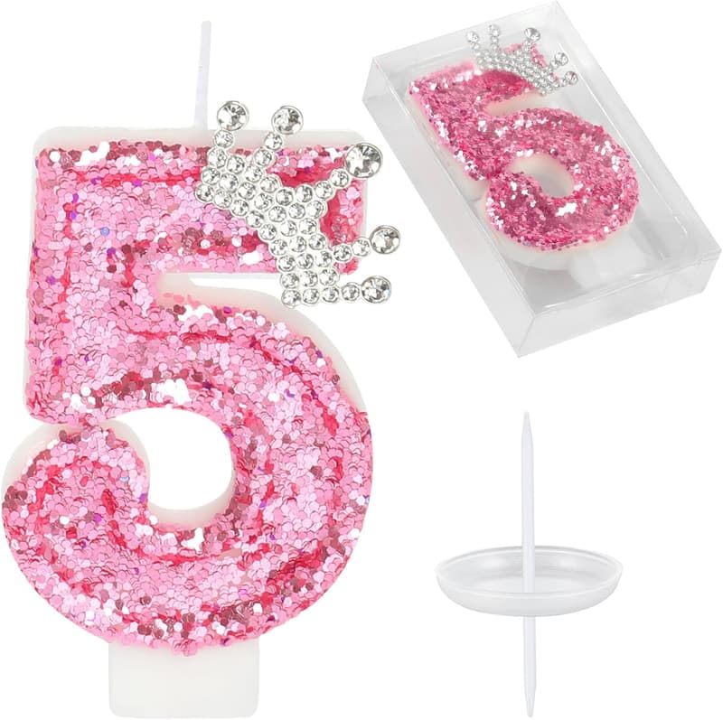 Pink Crown Birthday Candle - Glittery Number 5 Cake Topper