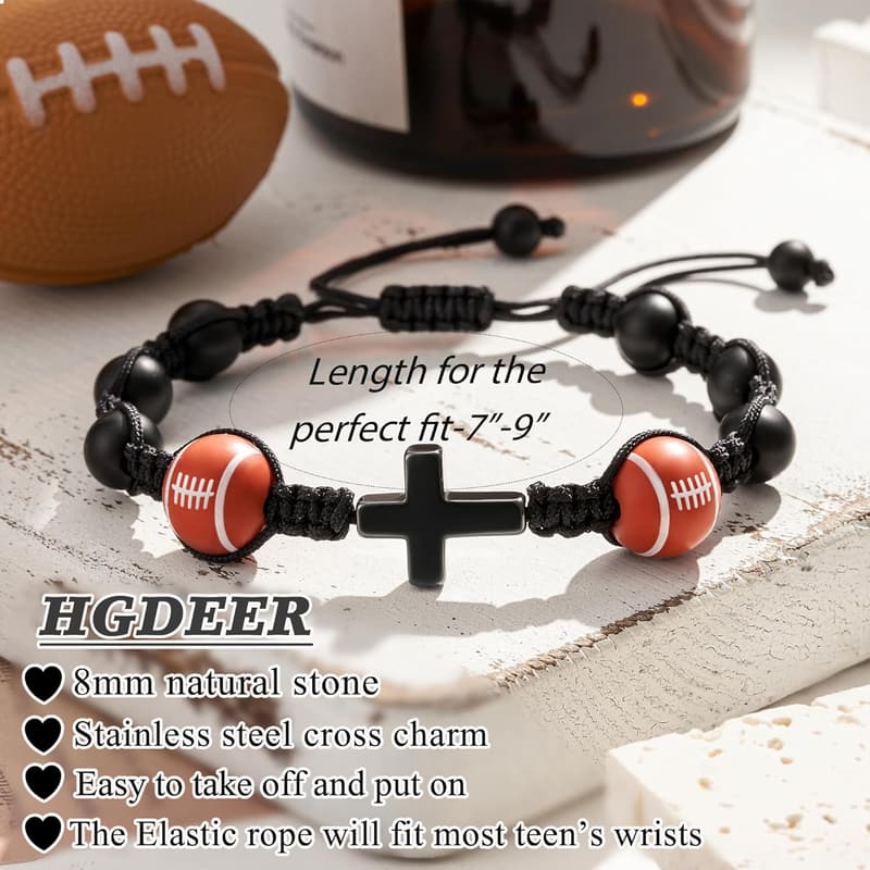 Natural Stone Baseball Cross Bracelet for Teens with Gift Card