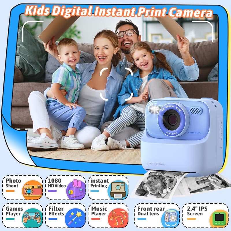 Kids Instant Print Camera with Dual-Lens, 1080P HD - Christmas Gift