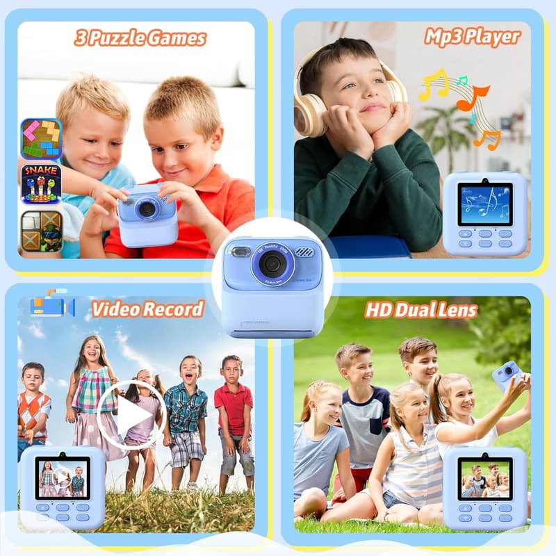 Kids Instant Print Camera with Dual-Lens, 1080P HD - Christmas Gift