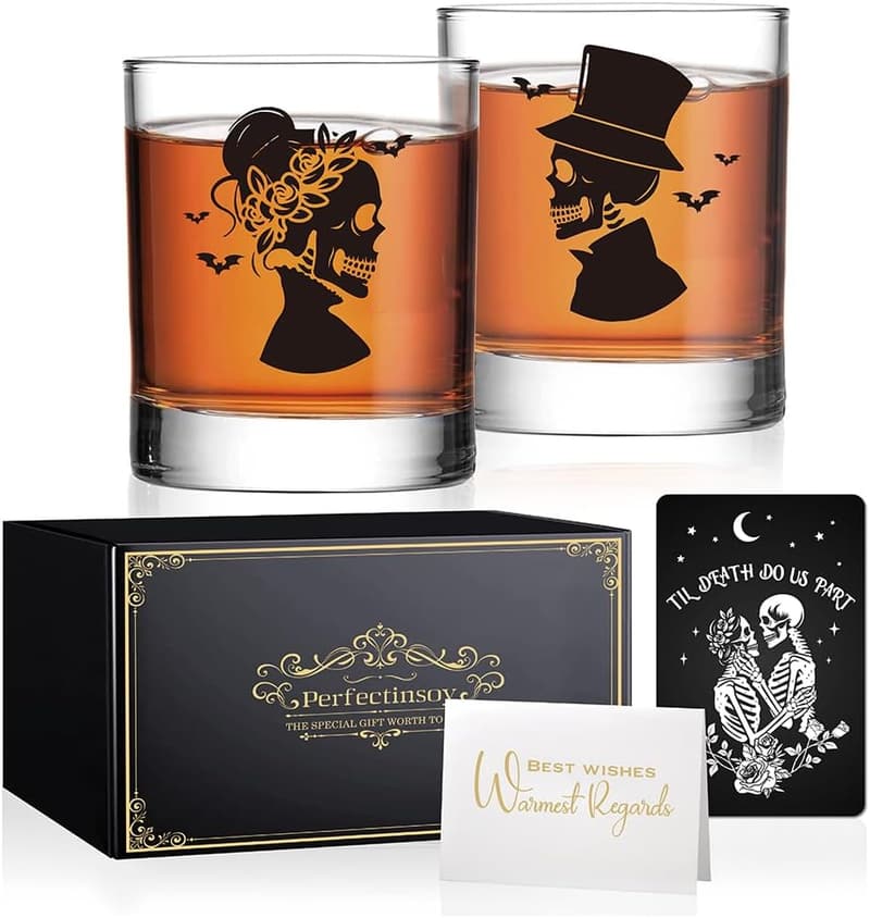 Couple Skull Whiskey Glass Set - Gothic Anniversary Gift