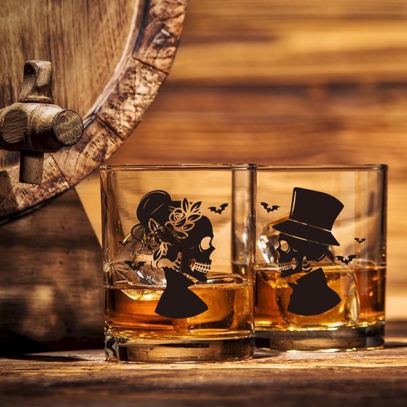 Couple Skull Whiskey Glass Set - Gothic Anniversary Gift