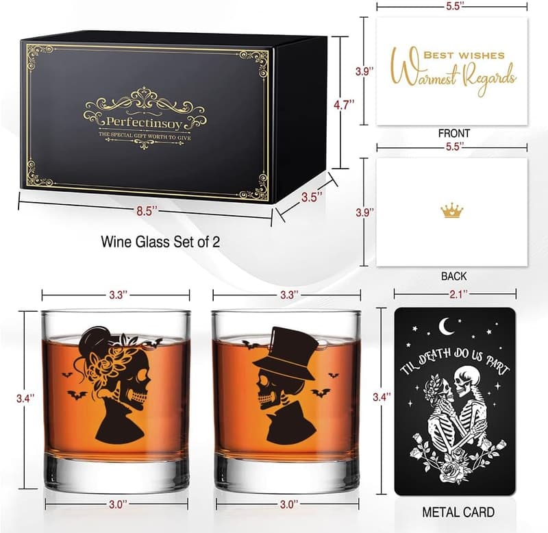 Couple Skull Whiskey Glass Set - Gothic Anniversary Gift