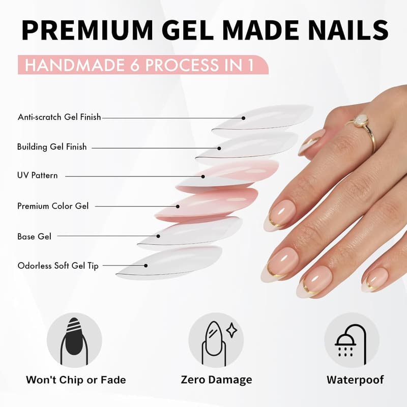 Short White and Gold Almond Press-On Nails for Women - 32 Reusable