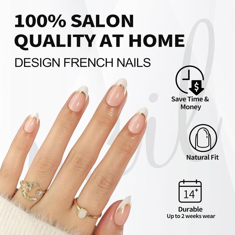 Short White and Gold Almond Press-On Nails for Women - 32 Reusable
