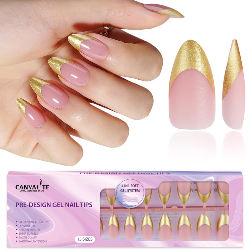 Gold Chrome French Tip Press-On Nails - 150 Pcs Medium Almond