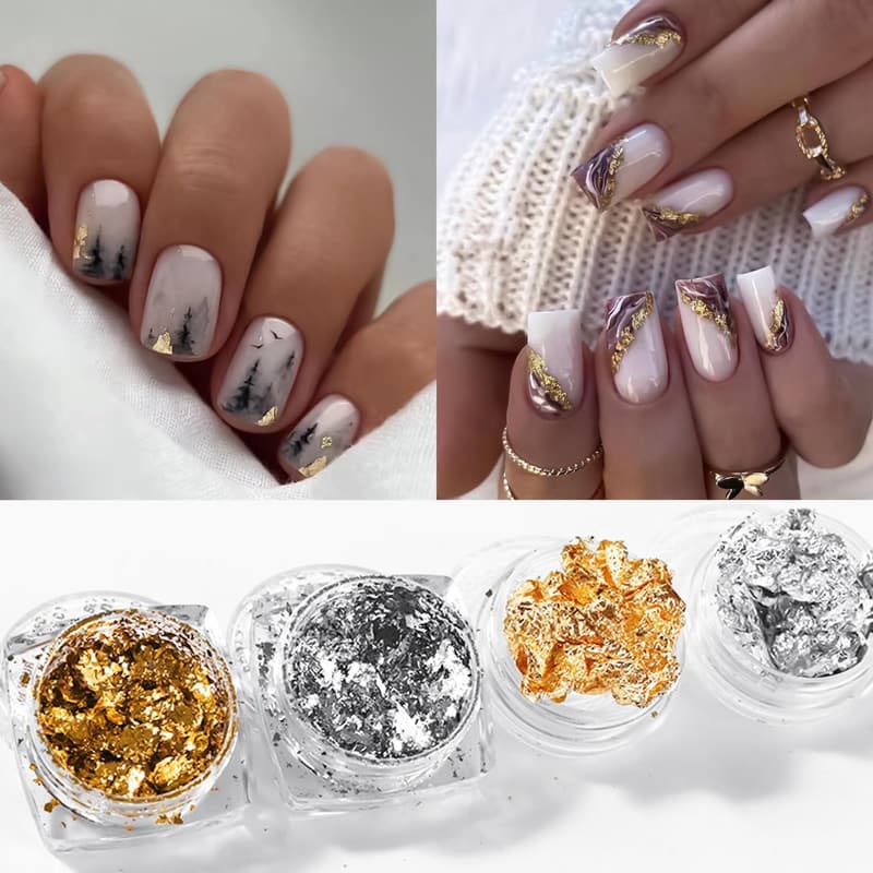 Golden Glitter Nail Foil Set - 2 Bottles of 3D Decoration