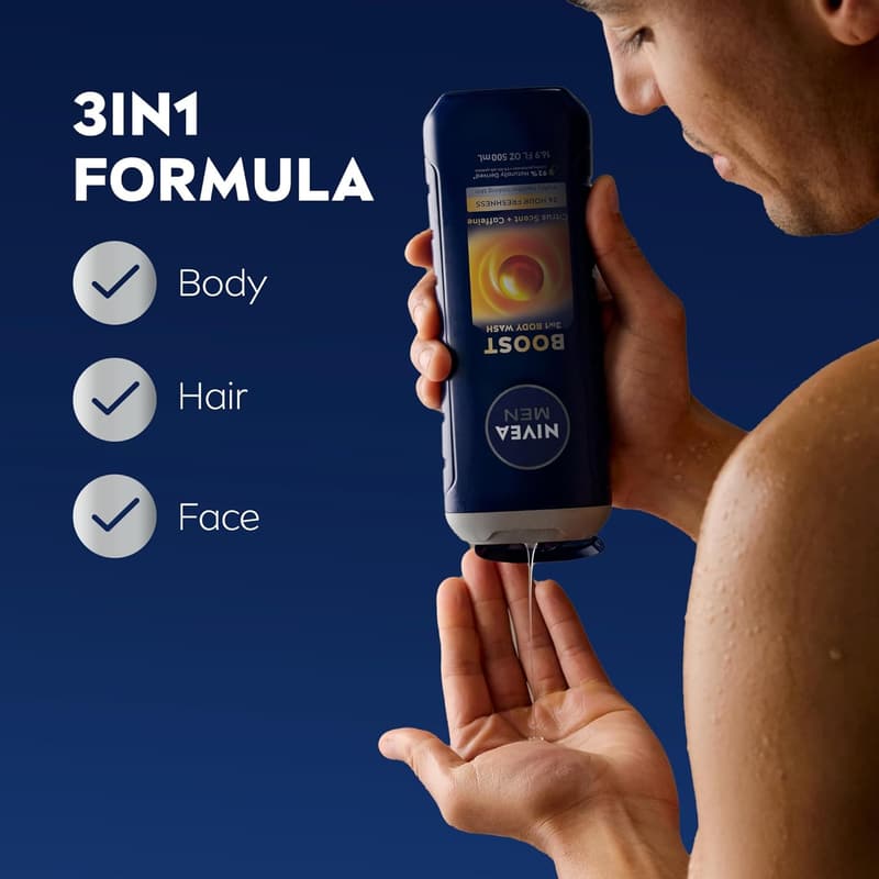 NIVEA MEN 3-in-1 Citrus Body Wash with Caffeine, Pack of 3