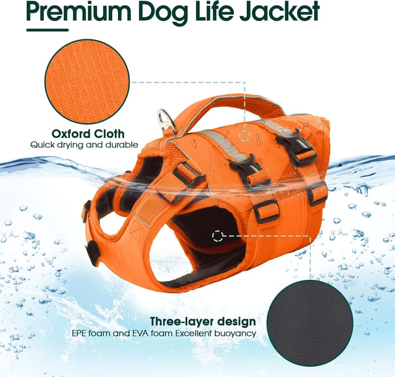 Adjustable High Flotation Dog Life Jacket with Rescue Handle