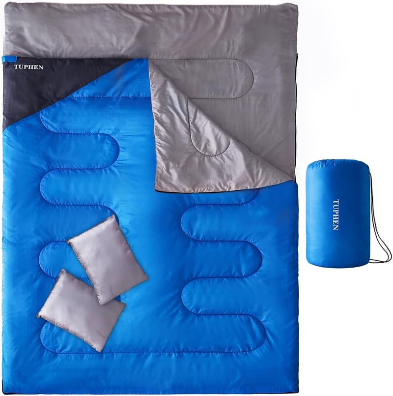 Queen Size Double Sleeping Bag with 2 Pillows - Waterproof, 3 Seasons