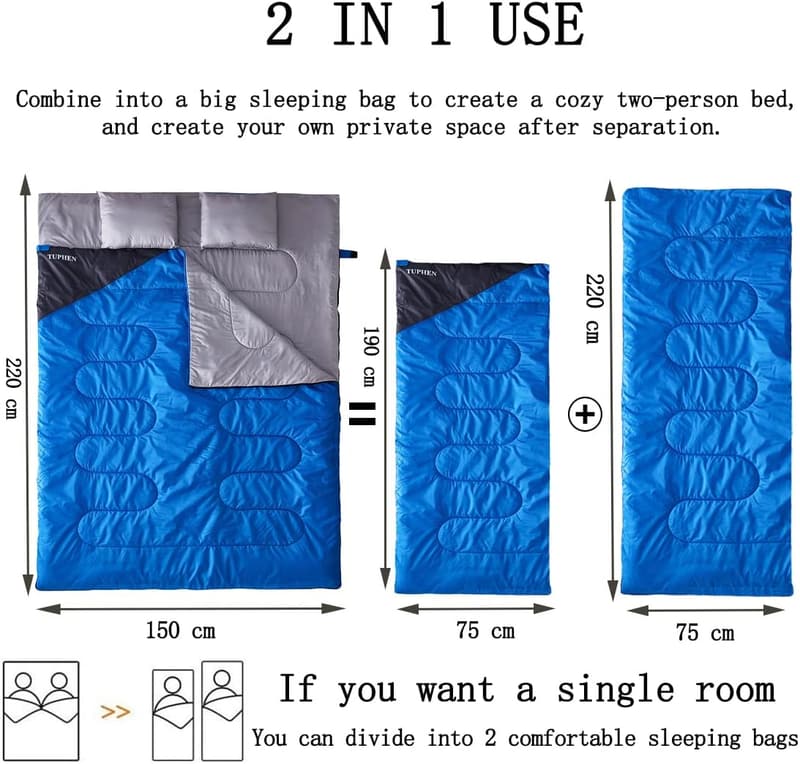 Queen Size Double Sleeping Bag with 2 Pillows - Waterproof, 3 Seasons