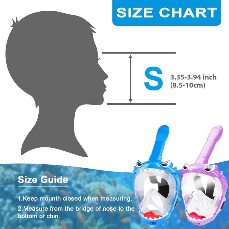 Kids' Full Face Snorkel Mask Set, 180° Panoramic View, Anti-Leak