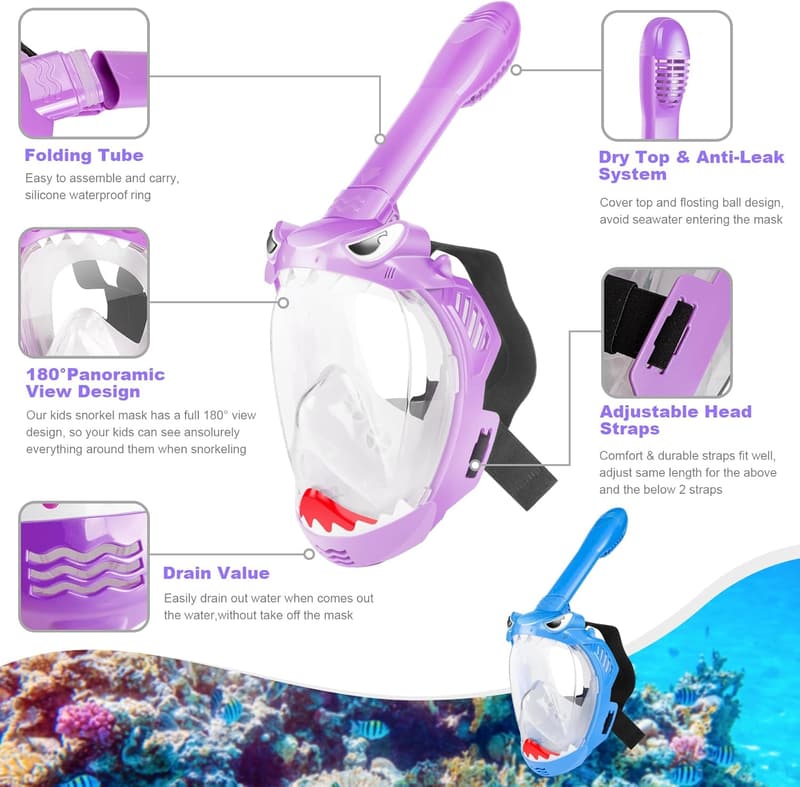Kids' Full Face Snorkel Mask Set, 180° Panoramic View, Anti-Leak