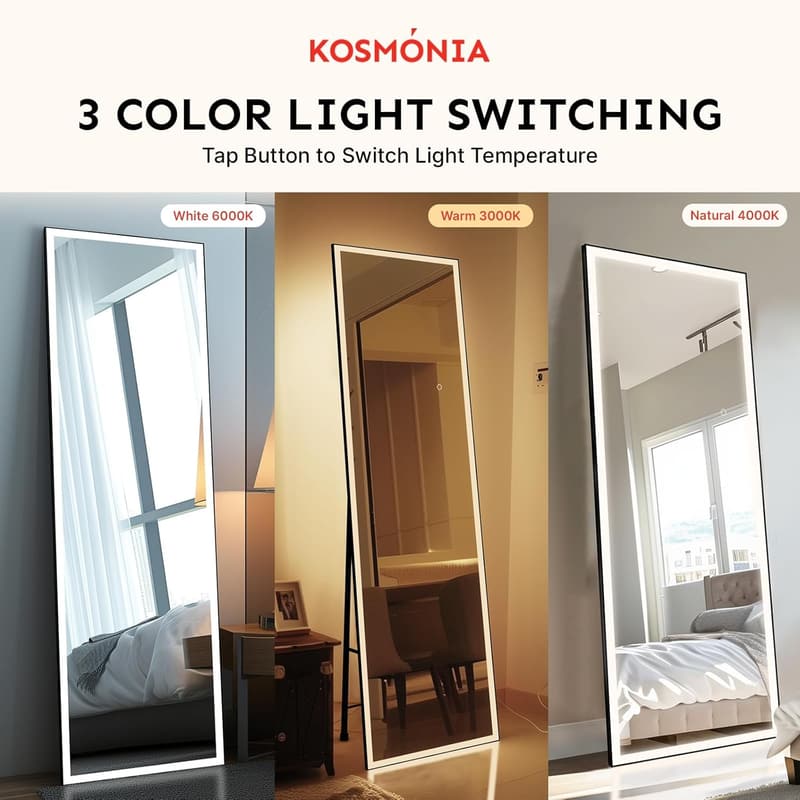 LED Full-Length Mirror with Lights - Dimmable & 3 Color Modes