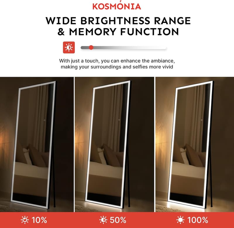 LED Full-Length Mirror with Lights - Dimmable & 3 Color Modes