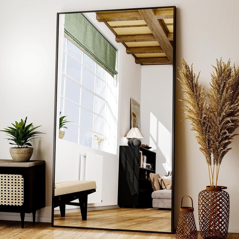 Full-Length Floor Mirror with Aluminum Alloy Frame - Black