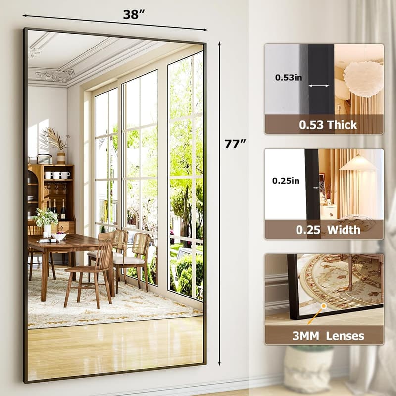 Full-Length Floor Mirror with Aluminum Alloy Frame - Black