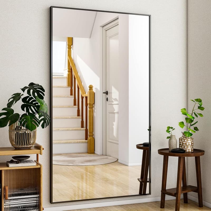 Full-Length Floor Mirror with Aluminum Alloy Frame - Black