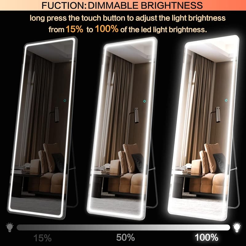 LED Full-Length Floor Mirror with Dimming & 3 Color Modes