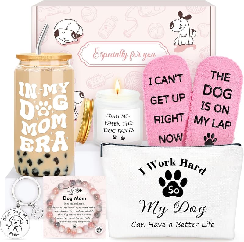 Dog Mom Gift Basket - Fun Themed Cup, Makeup Bag, Candle, and More