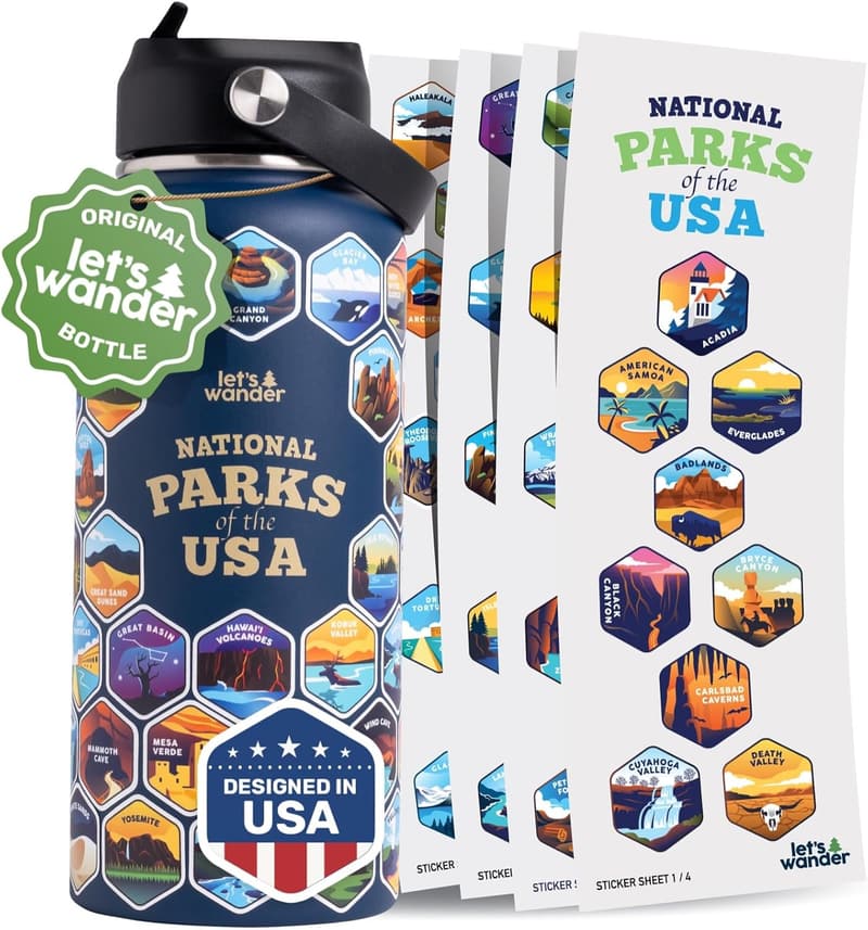 National Parks Water Bottle with 63 Stickers - 32oz Insulated