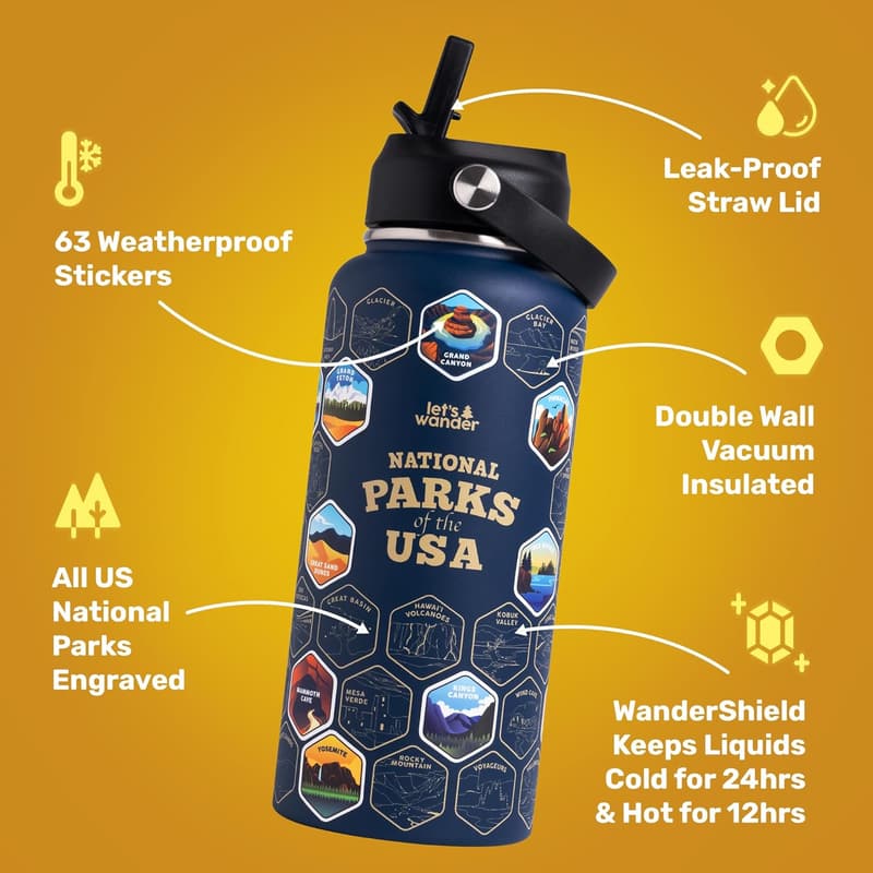 National Parks Water Bottle with 63 Stickers - 32oz Insulated