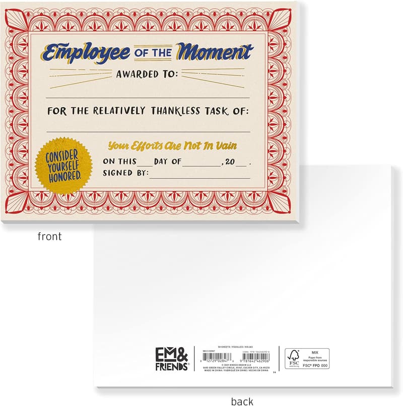Coworker Appreciation Award Certificate Pad, 5.15 x 7 Inches