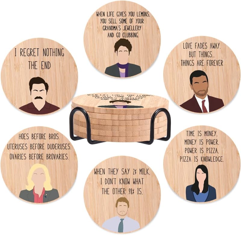 Funny Bamboo Coaster Set with Holder | Housewarming Gift