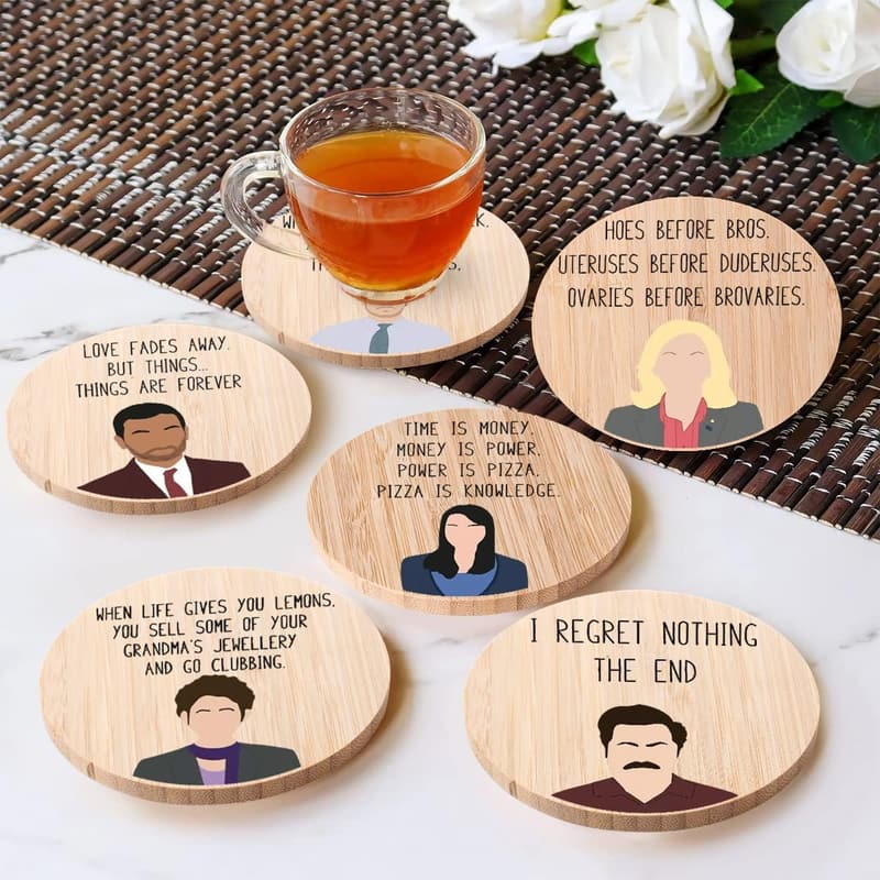 Funny Bamboo Coaster Set with Holder | Housewarming Gift