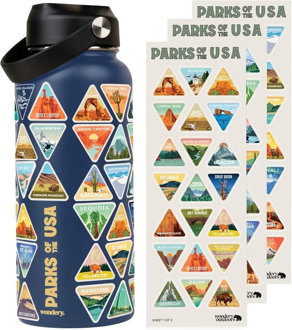National Parks Water Bottle with 63 Waterproof Stickers, 32 oz Insulated