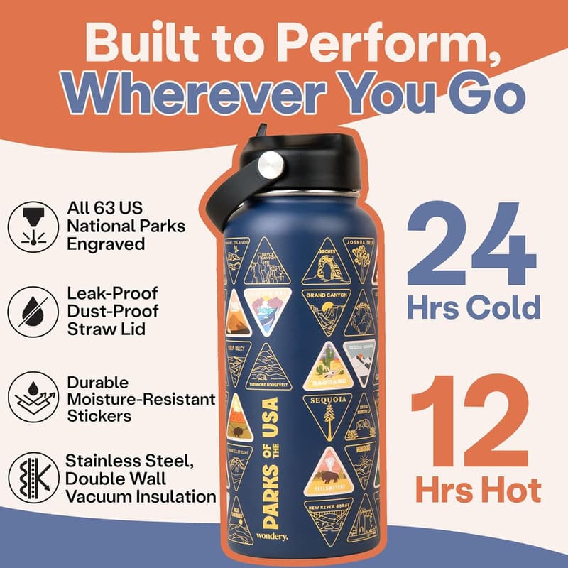 National Parks Water Bottle with 63 Waterproof Stickers, 32 oz Insulated