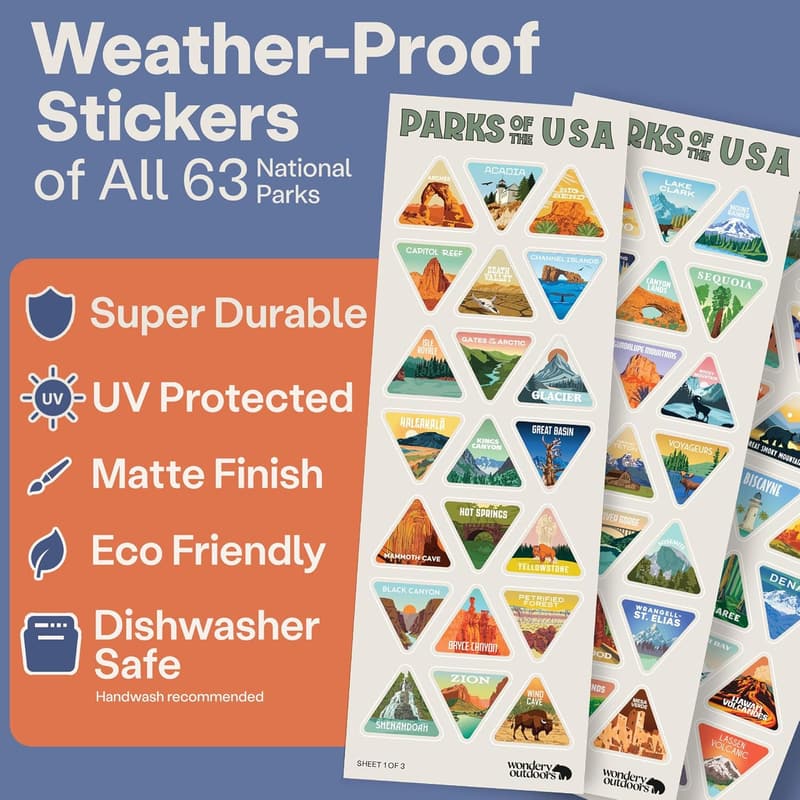 National Parks Water Bottle with 63 Waterproof Stickers, 32 oz Insulated