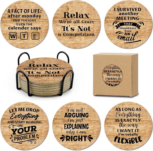 Funny Office Drink Coasters Set with Holder - Gift for Coworkers