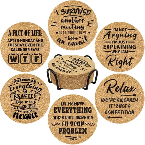 Funny Office Desk Coasters Set with Holder - 6 Pcs Gift for Coworkers