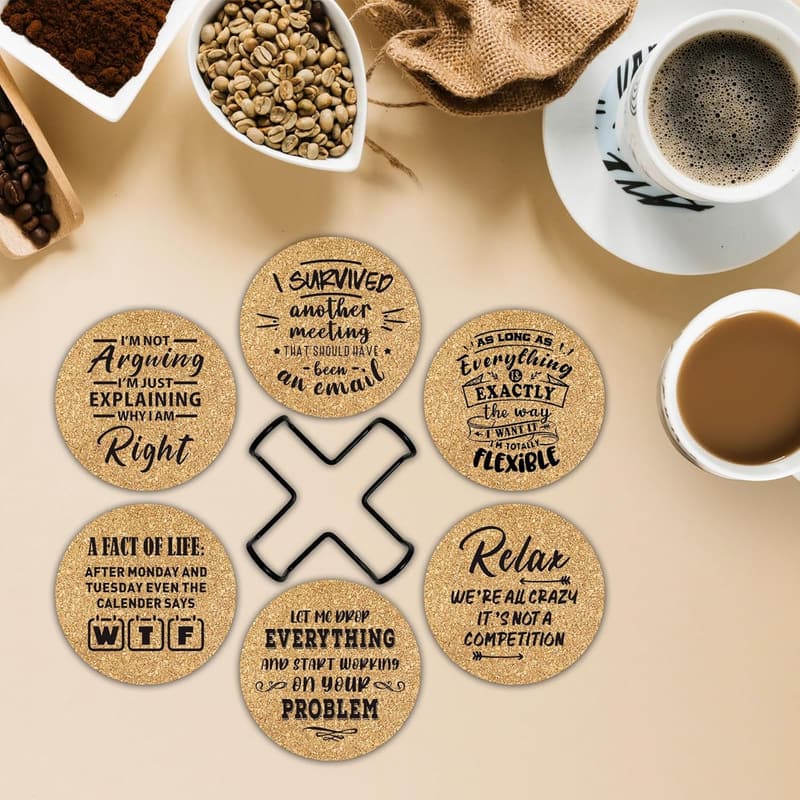 Funny Office Desk Coasters Set with Holder - 6 Pcs Gift for Coworkers