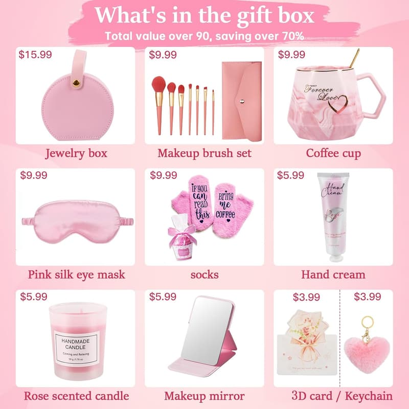 Unique Birthday Gift Basket for Women - 10pcs, Pink