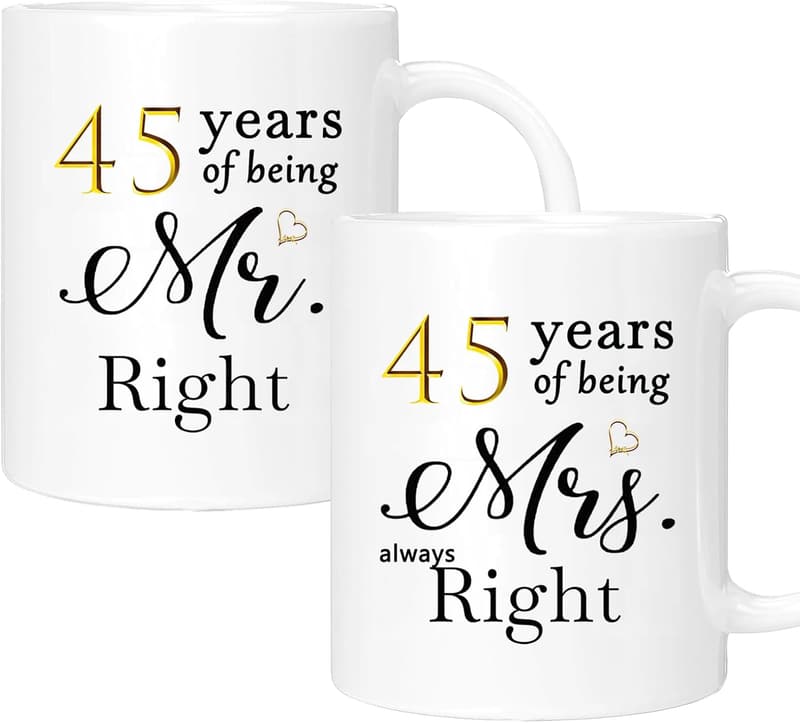 45th Anniversary Coffee Mugs Set of 2, 11oz Gifts for Couples