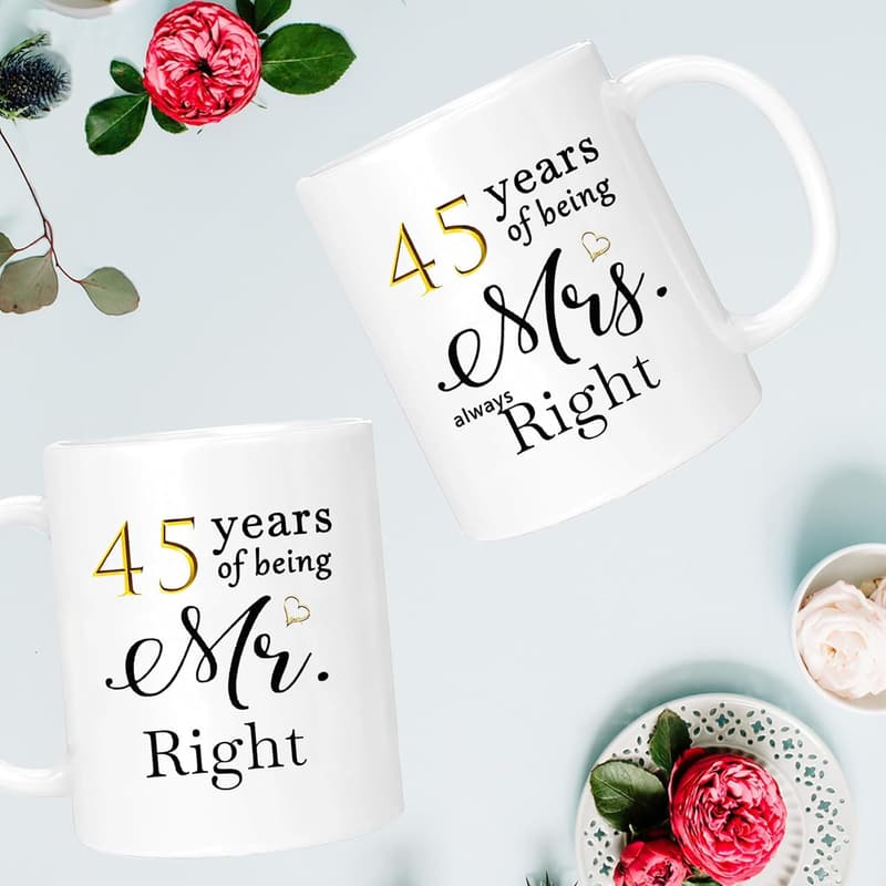 45th Anniversary Coffee Mugs Set of 2, 11oz Gifts for Couples