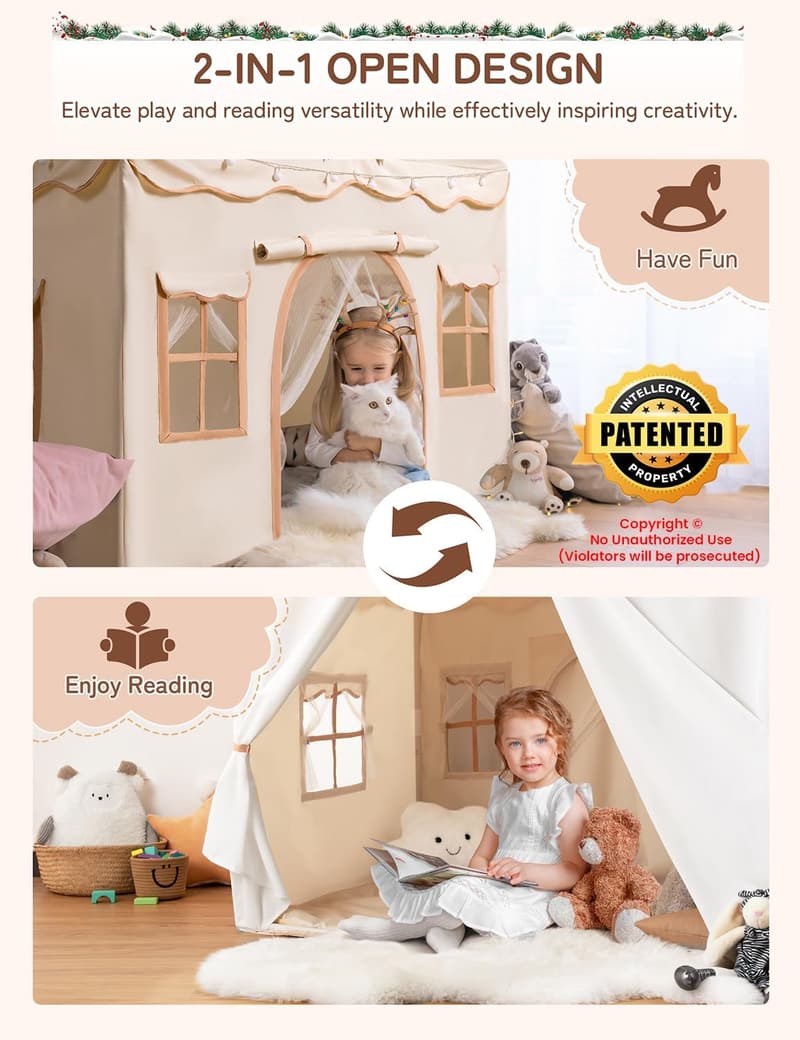 Kids Playhouse Tent with Lights & Padded Mat - Indoor/Outdoor