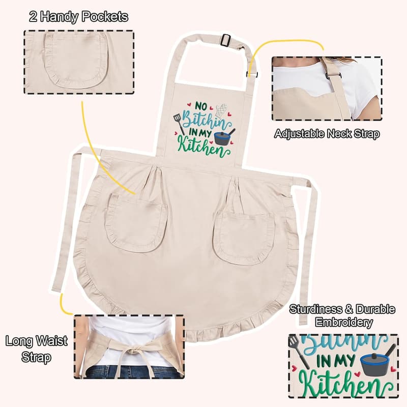 Cute Embroidered Cooking Apron with Pockets for Women