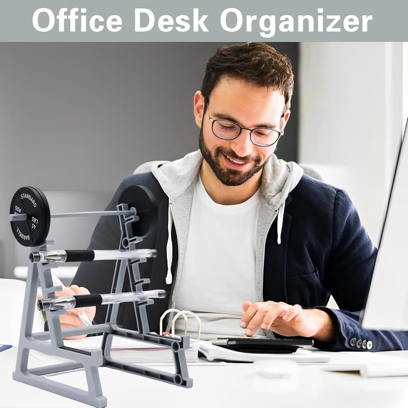 Gym-Themed Desk Organizer: Barbell Rack Pen Holder for Men
