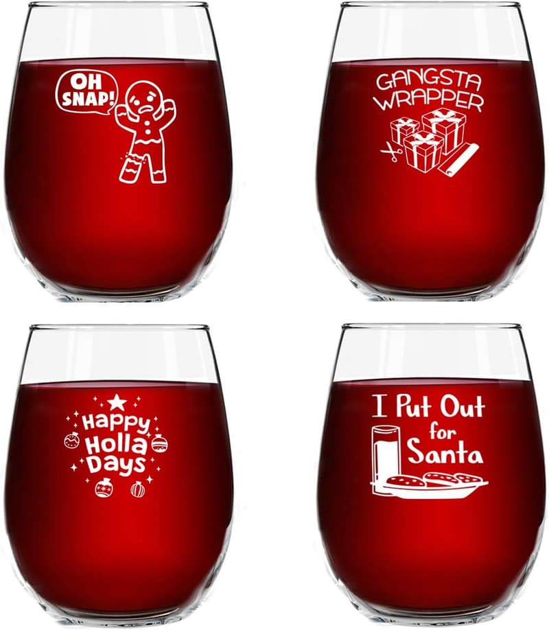 Funny Christmas Wine Glass Set (4) - 15 oz Stemless Party Cups