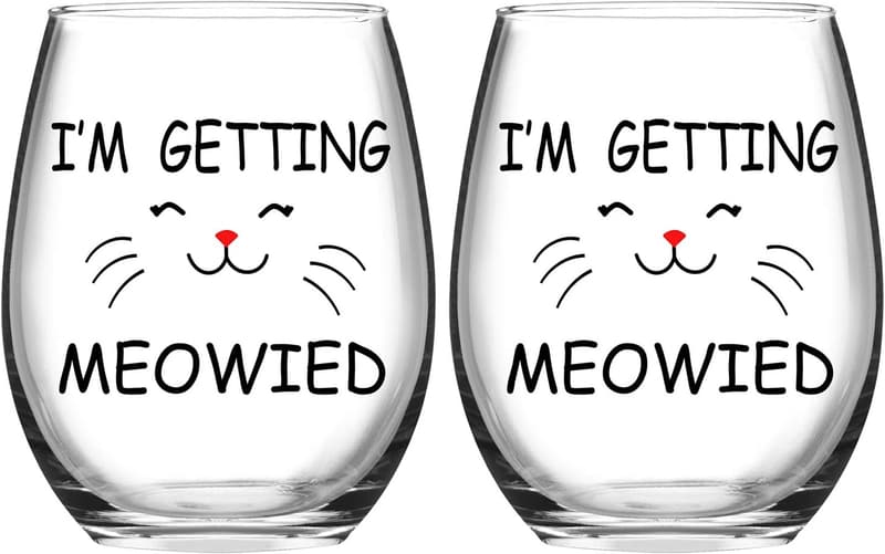 Engagement Gift: Cat Lover Stemless Wine Glasses Set of 2
