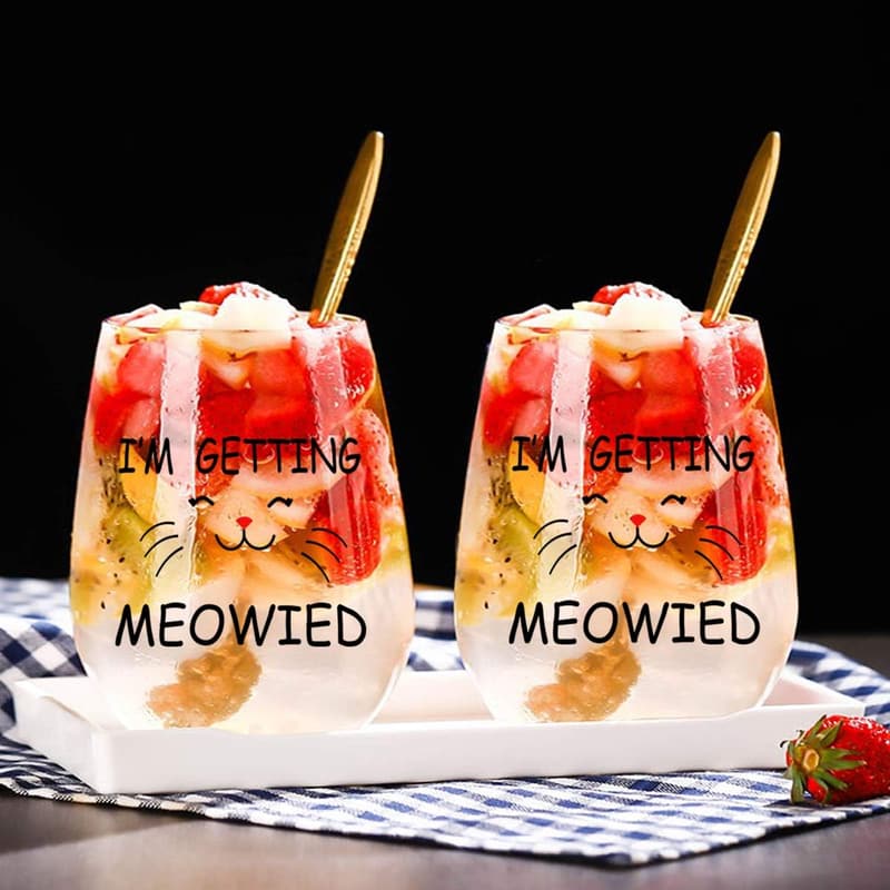 Engagement Gift: Cat Lover Stemless Wine Glasses Set of 2