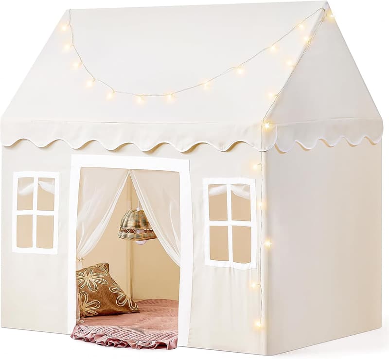Kids Indoor Play Tent with Padded Mat & LED Lights