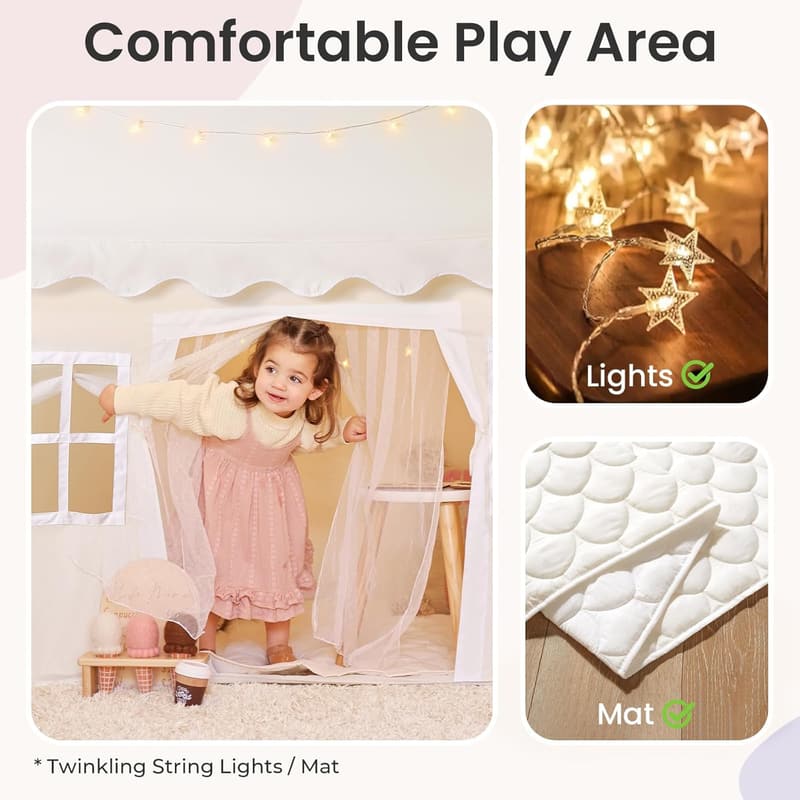 Kids Indoor Play Tent with Padded Mat & LED Lights