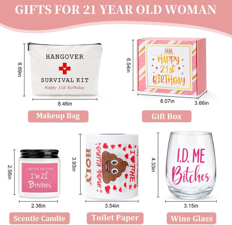 Unique 21st Birthday Gifts for Her - Wine Glass, Candle, Makeup Bag