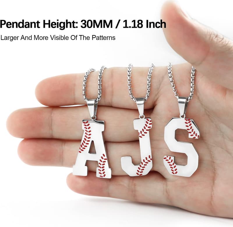 Baseball Initial Necklace for Men, Stainless Steel A-Z Pendant