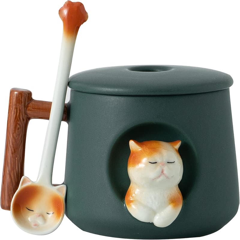 3D Ceramic Cat Mug with Lid & Spoon - Perfect Gift for Animal Lovers